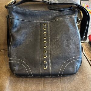 Coach 10399 Chelsea Black Laced Pebbled Leather Crossbody with brass hardware.